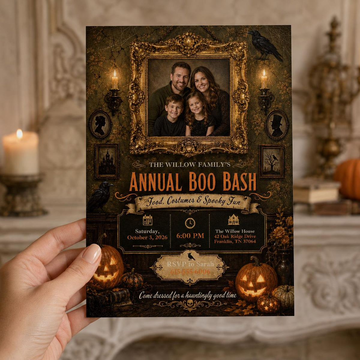 Vintage Gothic Halloween Party Invitation: Family Photo Boo Bash — digital invitation, instant download