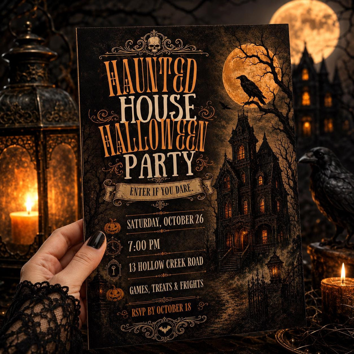 Vintage Gothic Haunted House Halloween Invitation — invitation you personalize in Canva