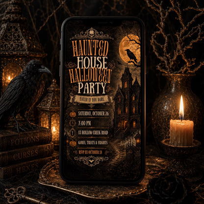 Vintage Gothic Haunted House Halloween Invitation — print-ready Halloween party design from VoltBy