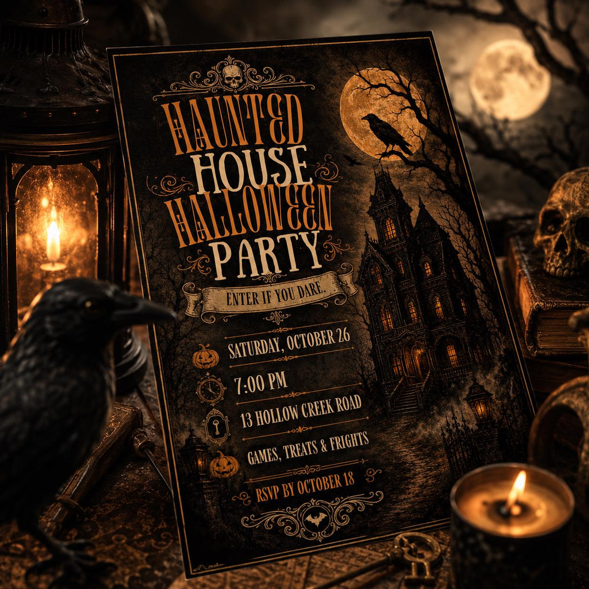 Vintage Gothic Haunted House Halloween Invitation — digital invitation, instant download