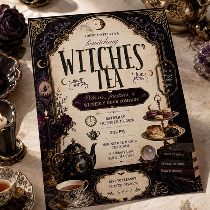 Vintage Gothic Witch Tea Party Invitation — Halloween party stationery by VoltBy