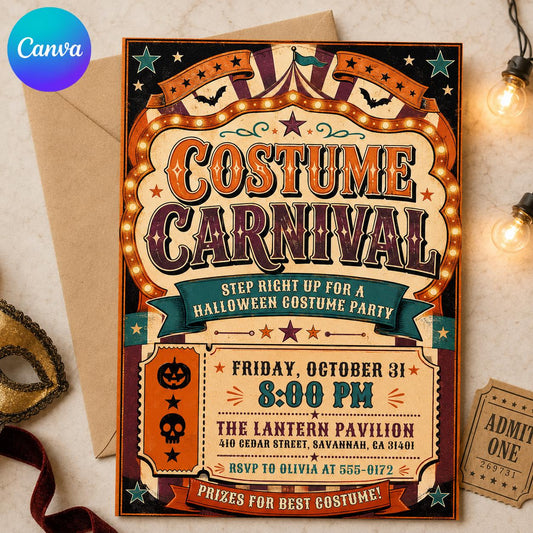 Vintage Halloween Carnival Invitation: Costume Party Circus — editable Canva template