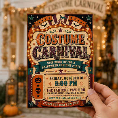Vintage Halloween Carnival Invitation: Costume Party Circus — print-ready Halloween party design from VoltBy