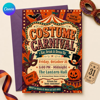 Vintage Halloween Carnival Invitation: Retro Circus Masquerade Event — editable Canva template
