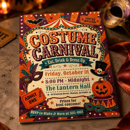 Vintage Halloween Carnival Invitation: Retro Circus Masquerade Event — invitation you personalize in Canva