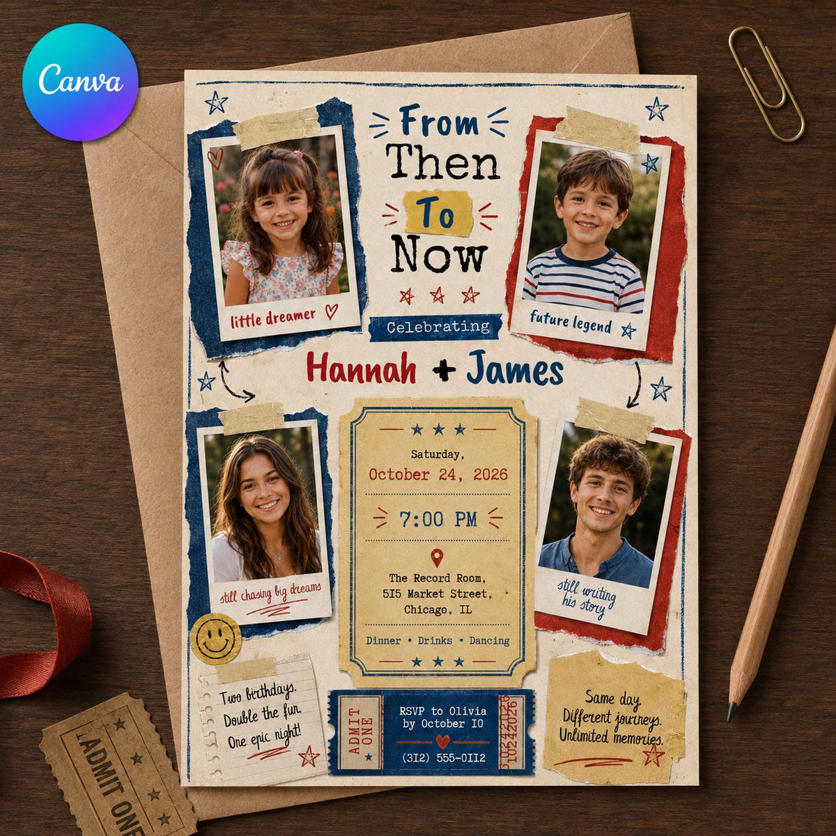 Vintage Joint Birthday Invitation — editable Canva template