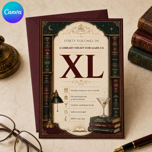 Vintage Library 40th Birthday Invitation — editable Canva template
