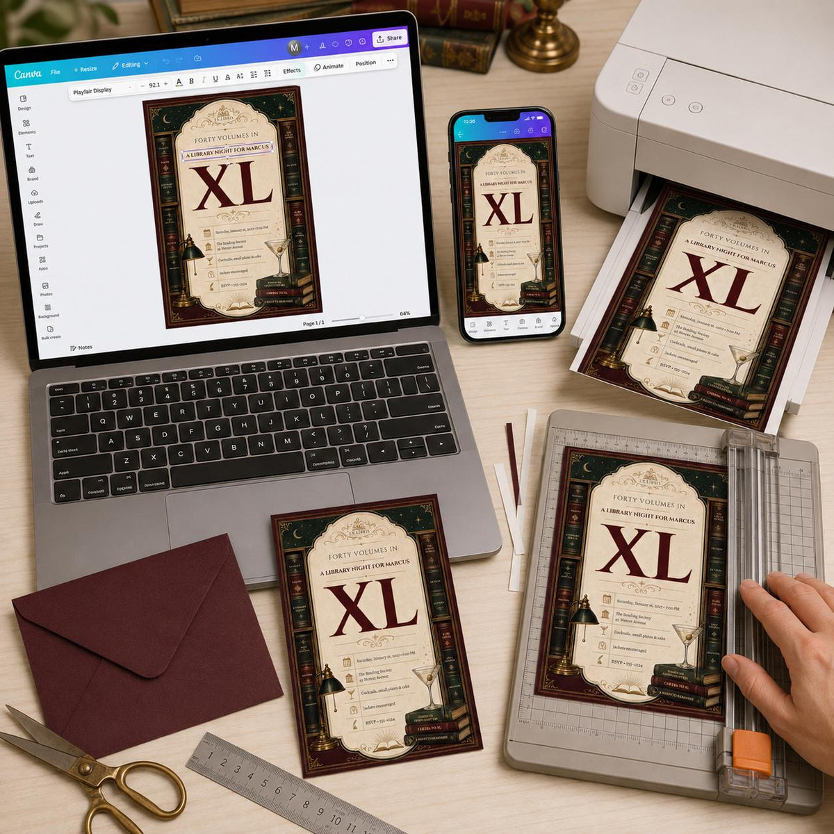 Vintage Library 40th Birthday Invitation — digital invitation, instant download