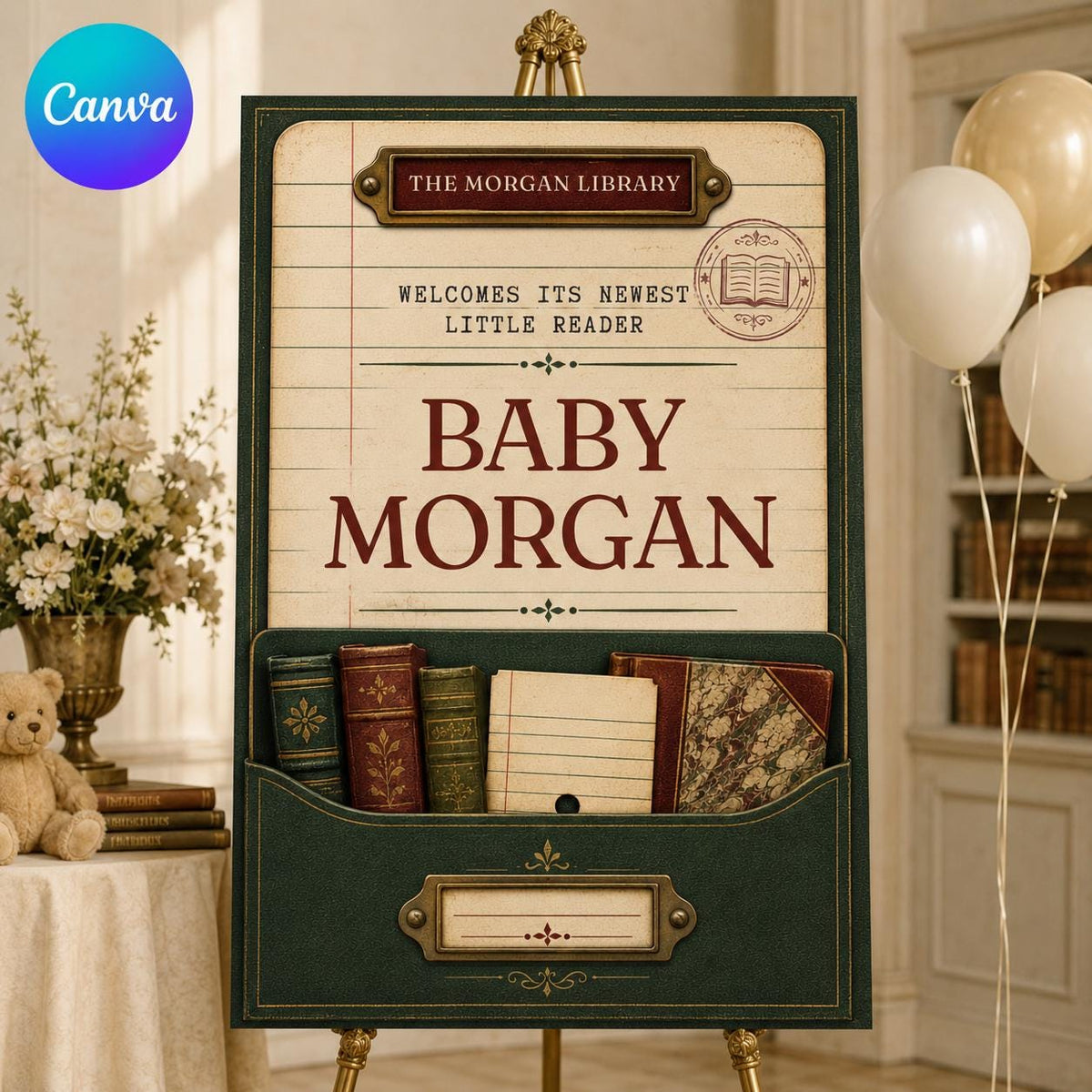 Vintage Library Baby Shower Welcome Sign — editable Canva template