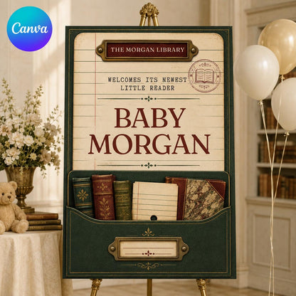 Vintage Library Baby Shower Welcome Sign — editable Canva template