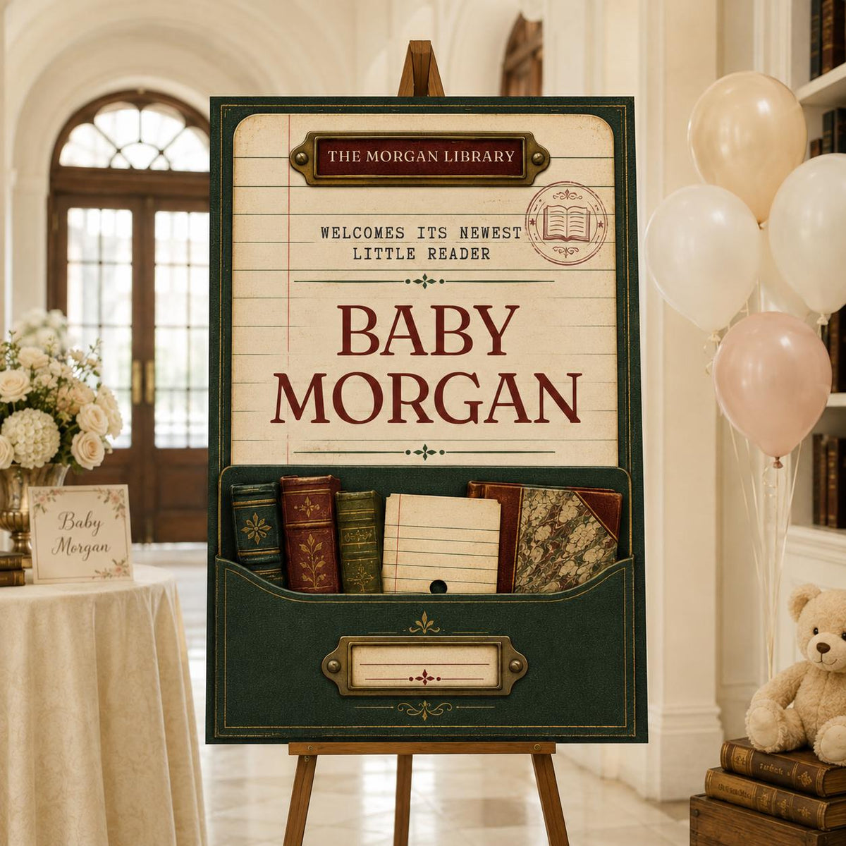 Vintage Library Baby Shower Welcome Sign — welcome sign you personalize in Canva