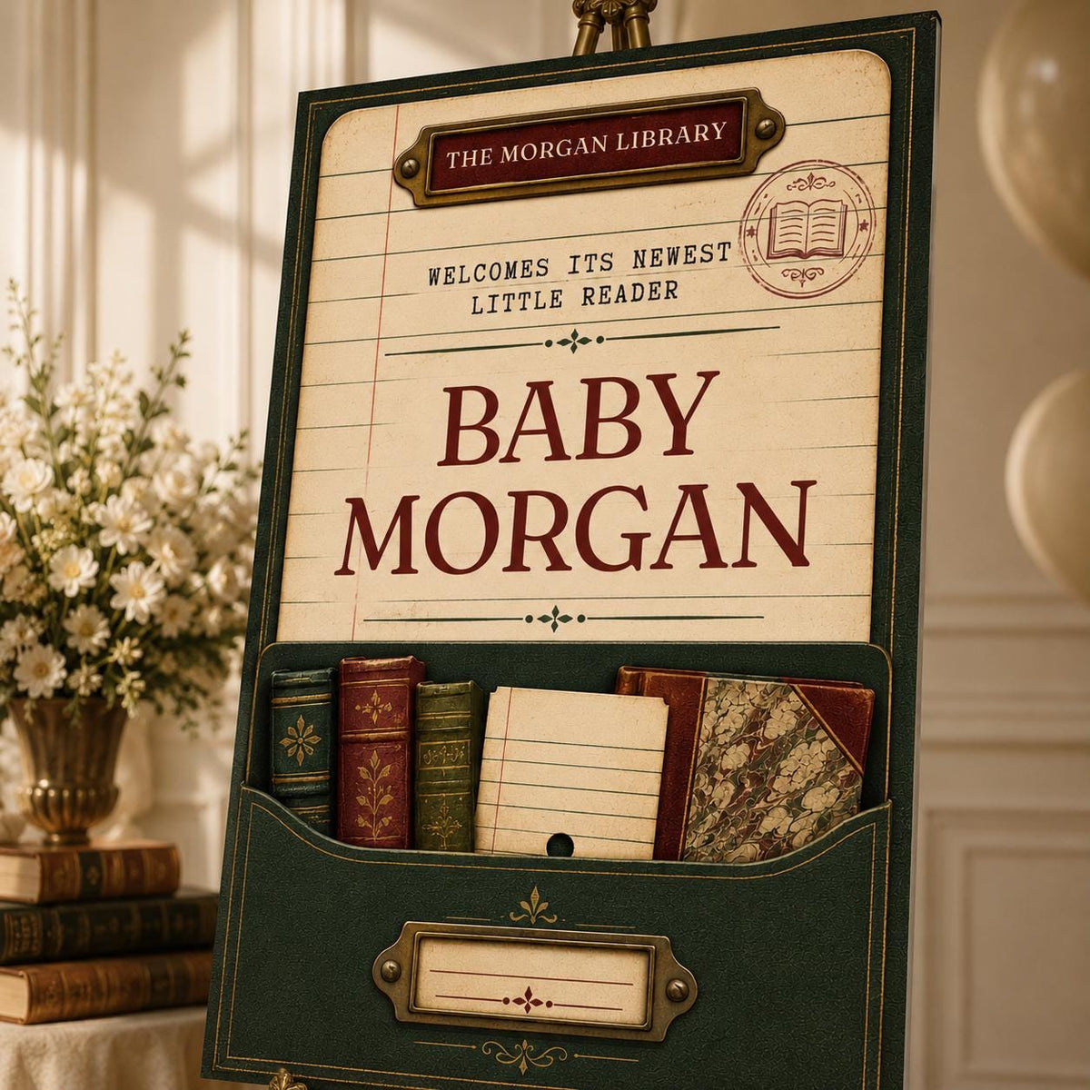 Vintage Library Baby Shower Welcome Sign — print-ready baby shower design from VoltBy