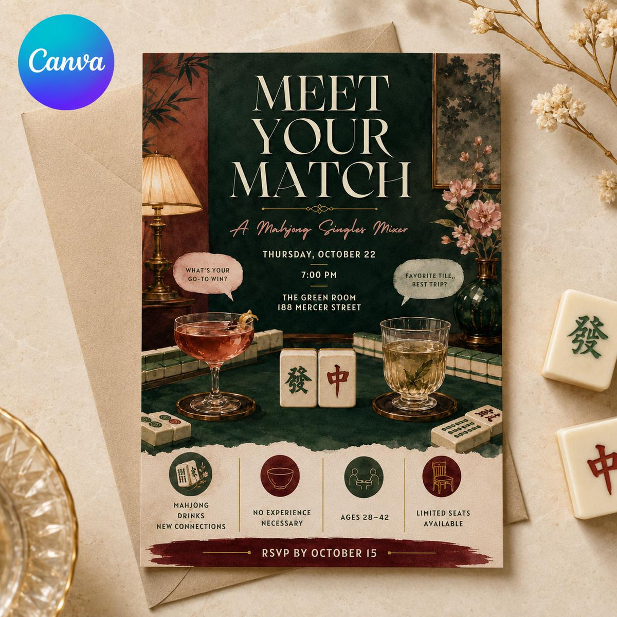 Vintage Modern Mahjong Singles Mixer Invitation — editable Canva template