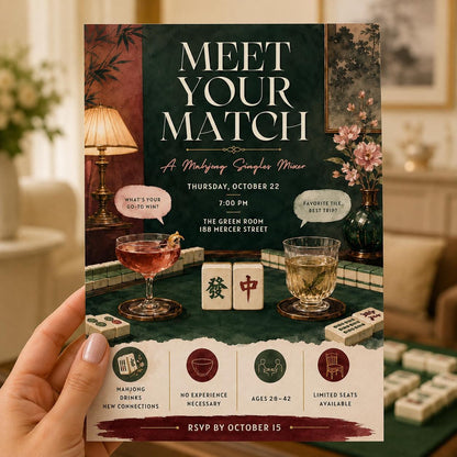 Vintage Modern Mahjong Singles Mixer Invitation — invitation you personalize in Canva