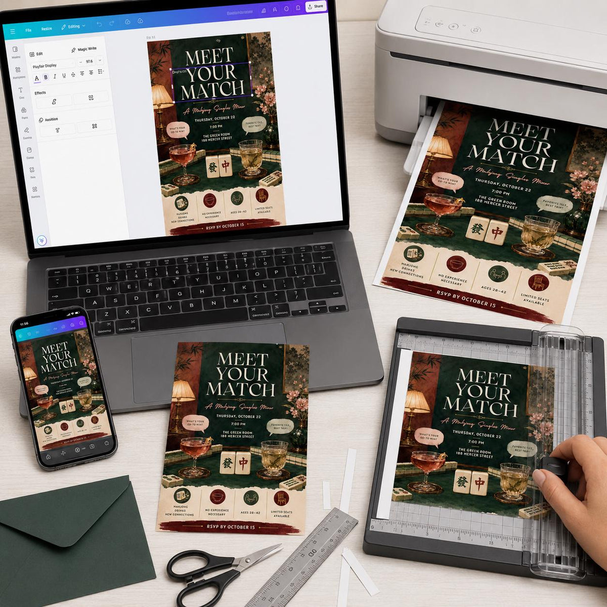 Vintage Modern Mahjong Singles Mixer Invitation — print-ready game night design from VoltBy