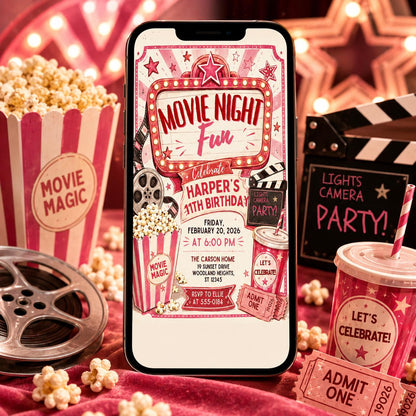 Vintage Movie Night 11th Birthday Invitation in Pink and Red — digital invitation, instant download