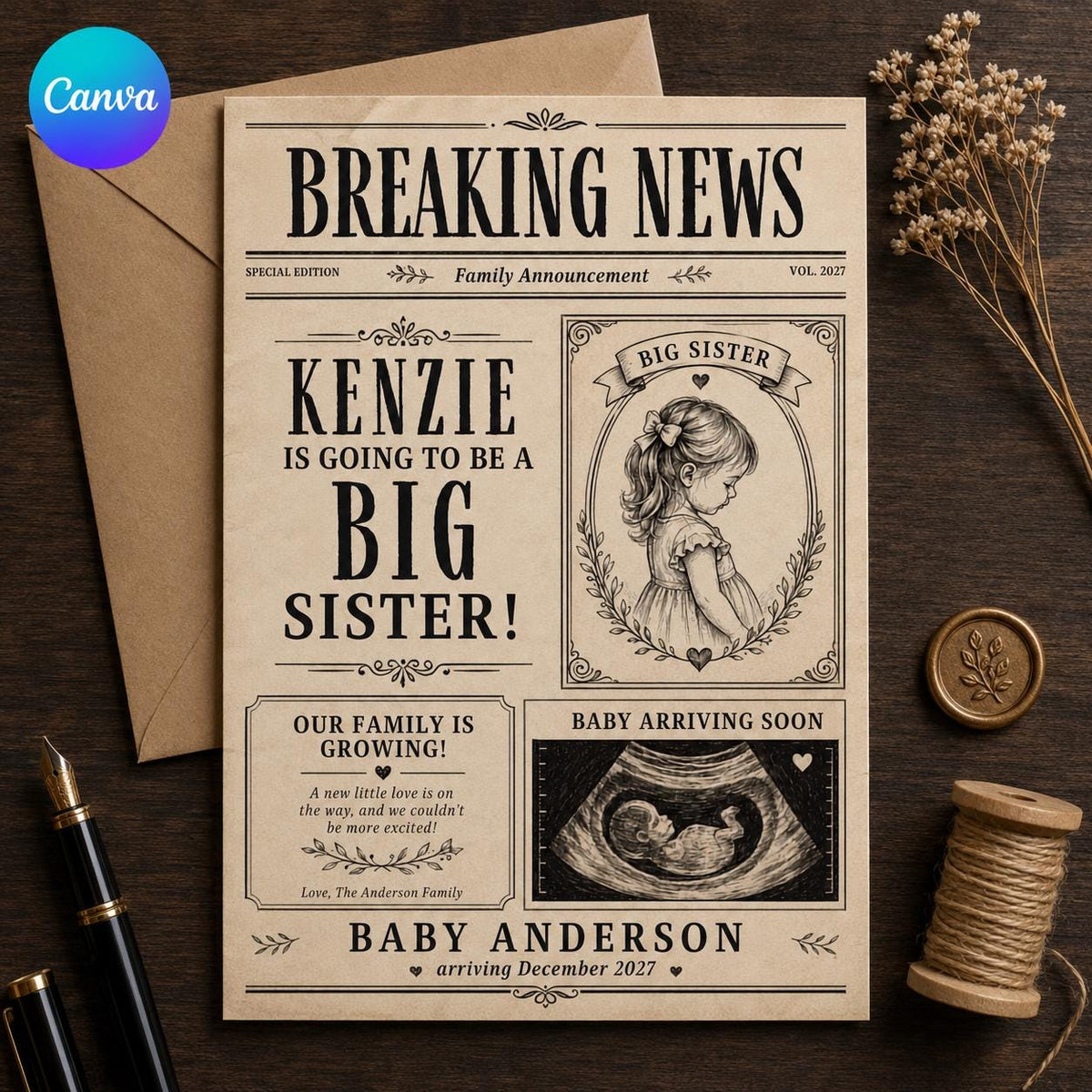 Vintage Newspaper Big Sister Pregnancy Announcement — editable Canva template