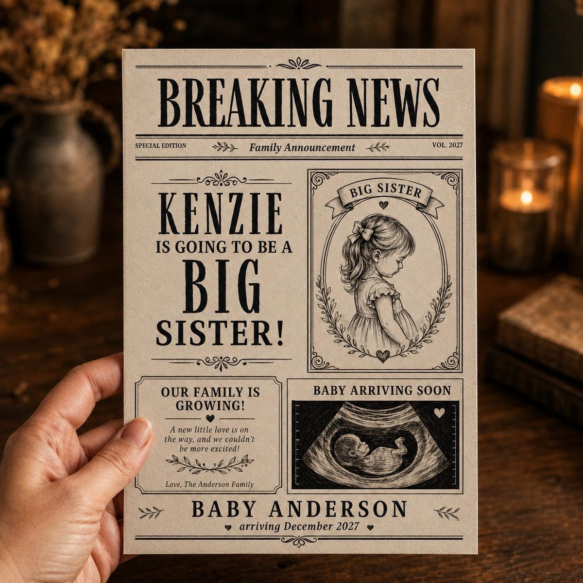 Vintage Newspaper Big Sister Pregnancy Announcement — print-ready baby reveal design from VoltBy