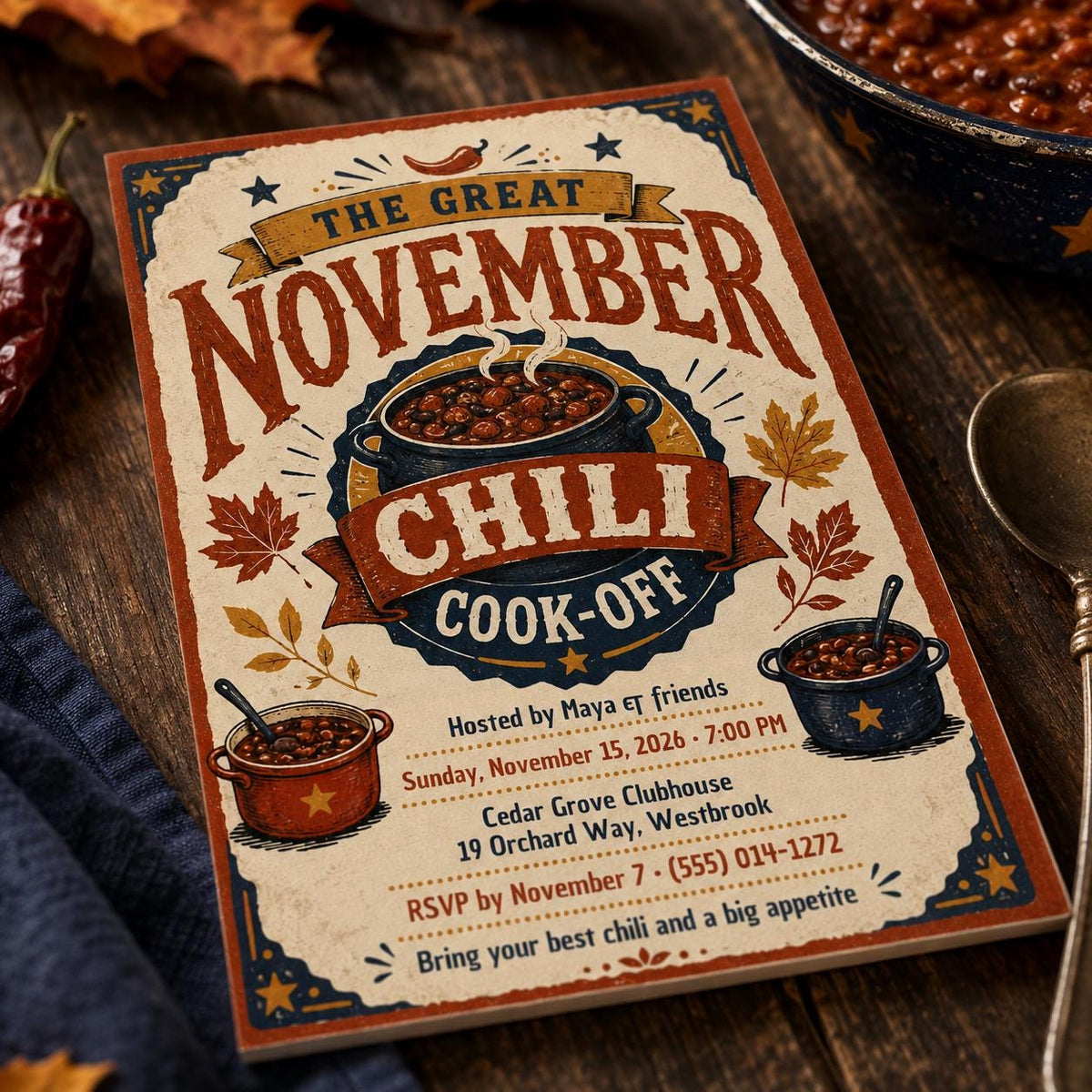 Vintage November Chili Cook-Off Flyer in burgundy and cream