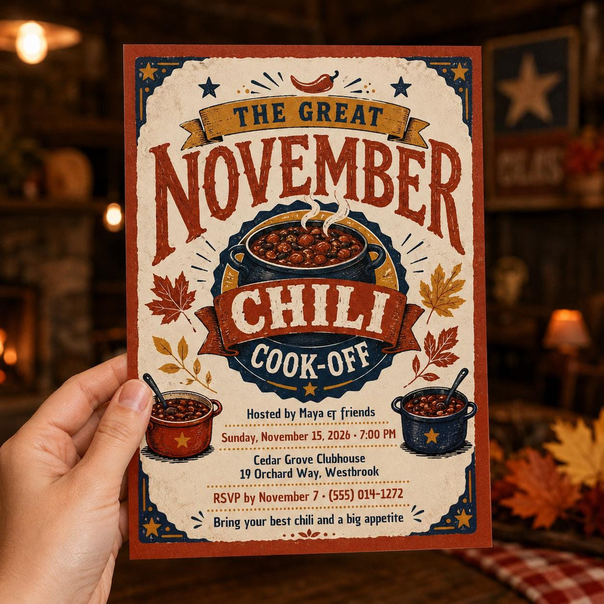 Vintage November Chili Cook-Off Flyer — event flyer you personalize in Canva