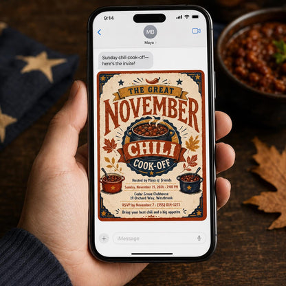 Vintage November Chili Cook-Off Flyer — leaf artwork in burgundy and cream