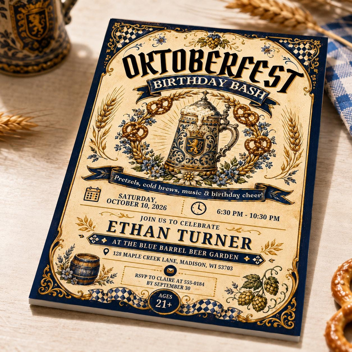 Vintage Oktoberfest Birthday Invitation: Bavarian Beer Party — birthday party stationery by VoltBy