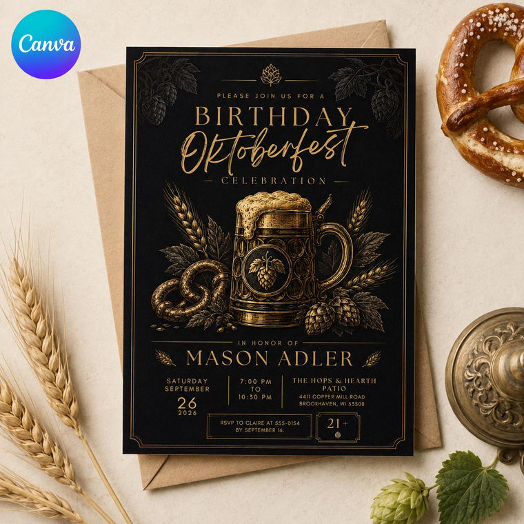 Vintage Oktoberfest Birthday Invitation: Beer Stein Pretzel Hops Party