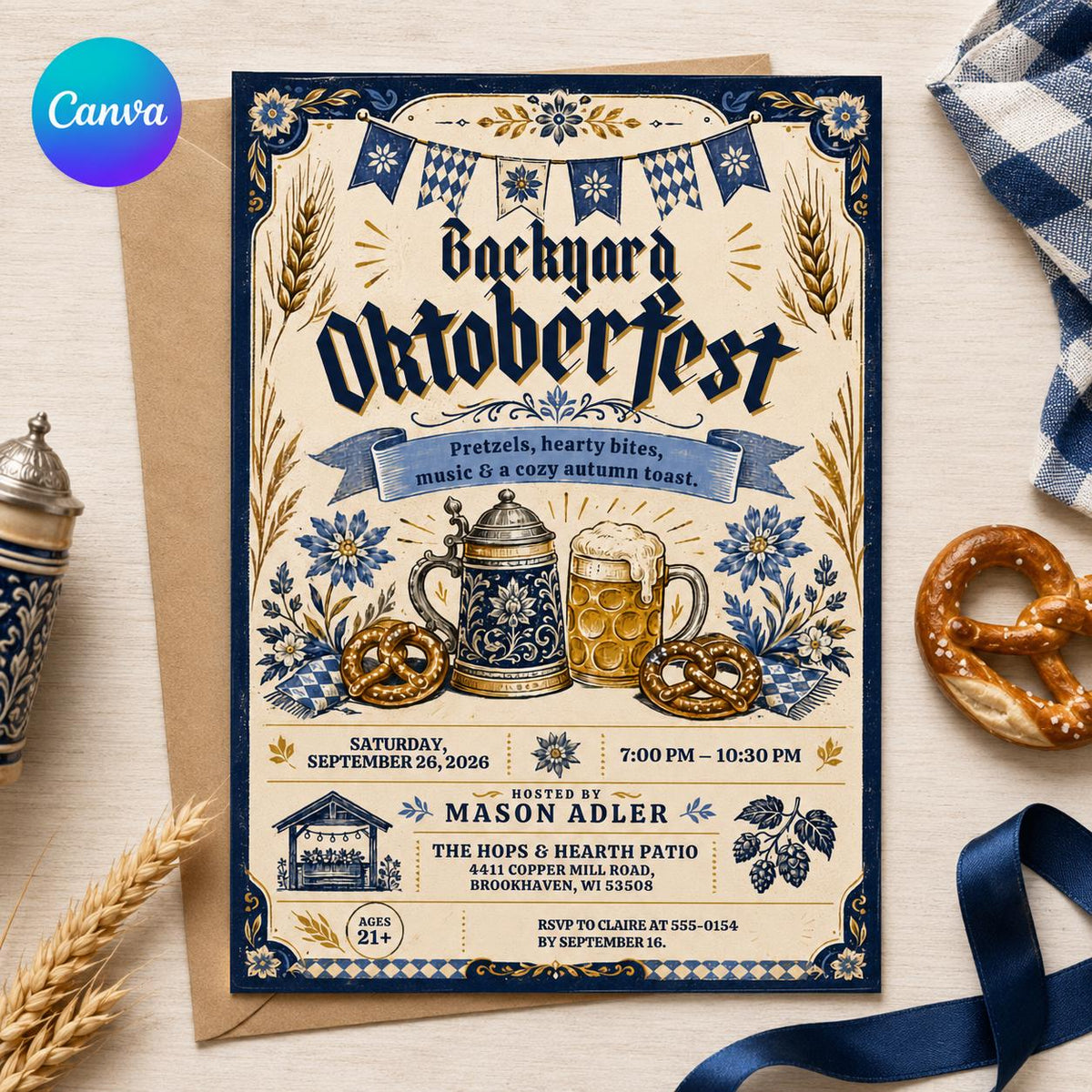 Vintage Oktoberfest Party Invitation — editable Canva template