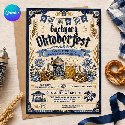 Vintage Oktoberfest Party Invitation — editable Canva template