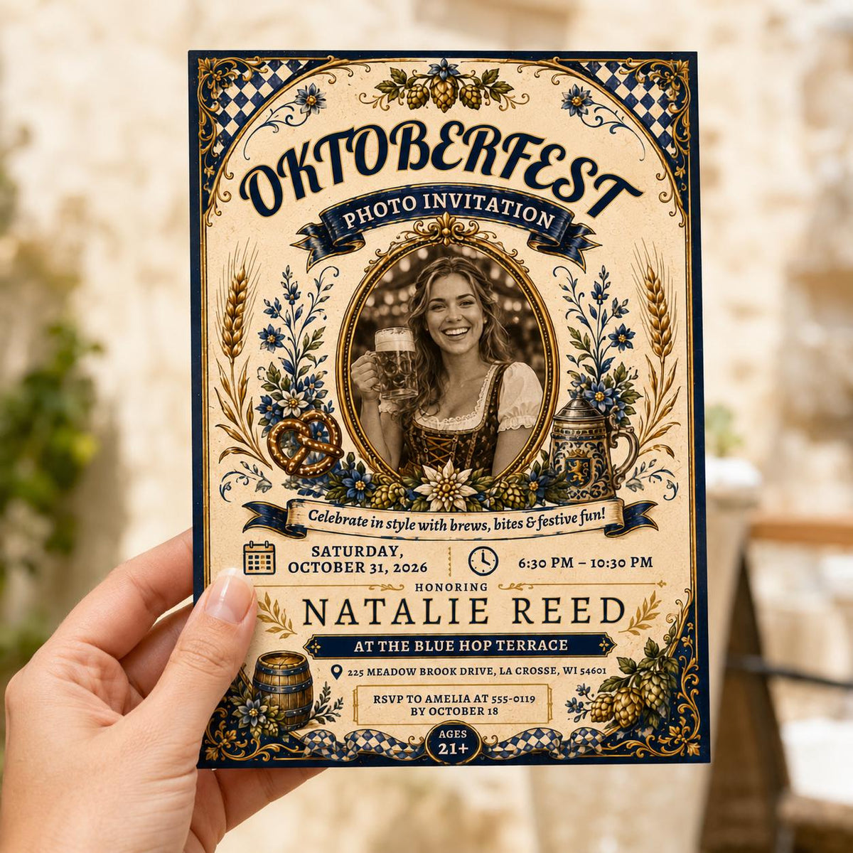 Vintage Oktoberfest Photo Invitation — invitation you personalize in Canva