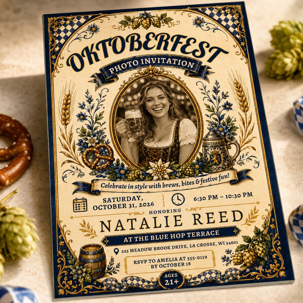 Vintage Oktoberfest Photo Invitation — digital invitation, instant download