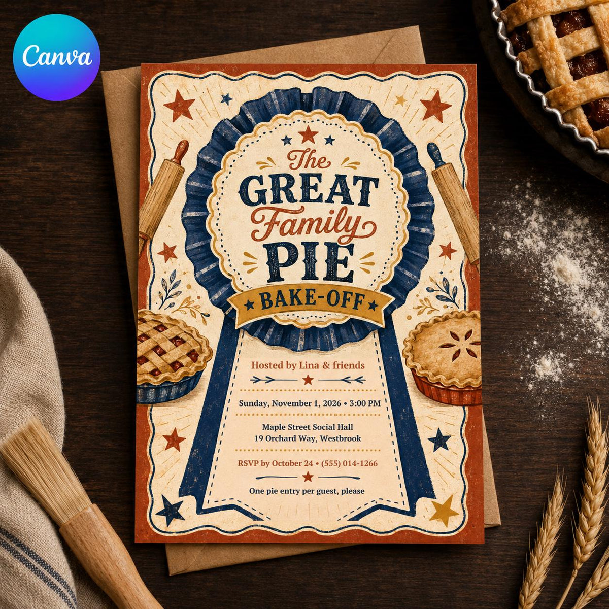 Vintage Pie Bake Off Invitation — editable Canva template
