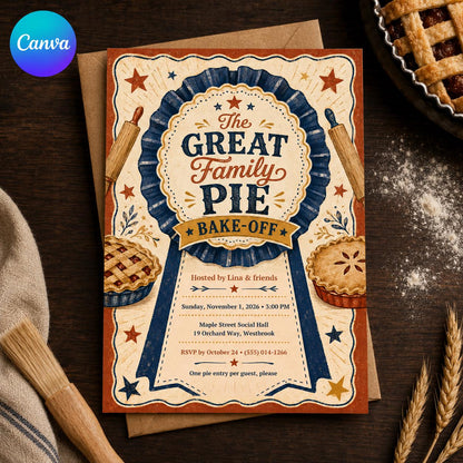 Vintage Pie Bake Off Invitation — editable Canva template