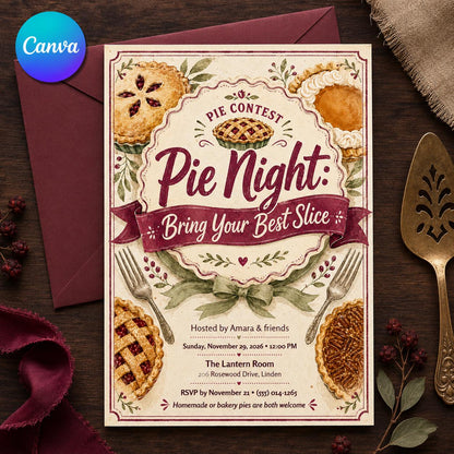 Vintage Pie Night Invitation — editable Canva template
