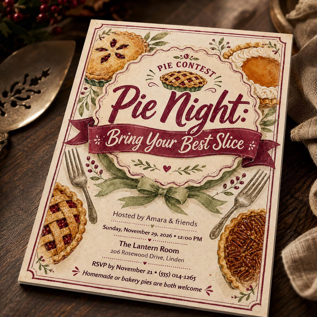Vintage Pie Night Invitation — print-ready Thanksgiving gathering design from VoltBy