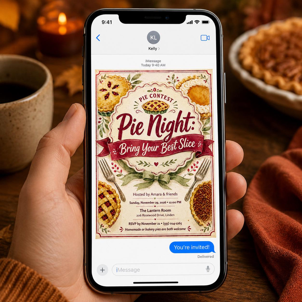 Vintage Pie Night Invitation — digital invitation, instant download