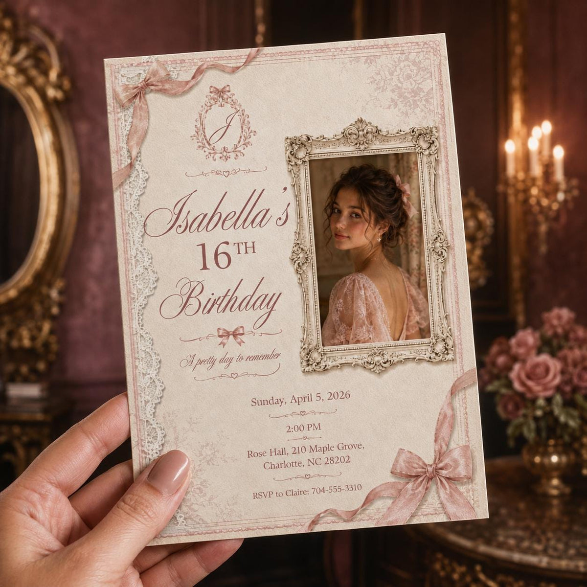 Vintage Pink Framed Photo Sweet 16 Invitation — invitation you personalize in Canva