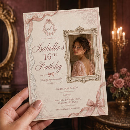 Vintage Pink Framed Photo Sweet 16 Invitation — invitation you personalize in Canva