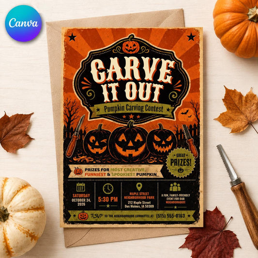 Vintage Pumpkin Carving Contest Flyer — editable Canva template