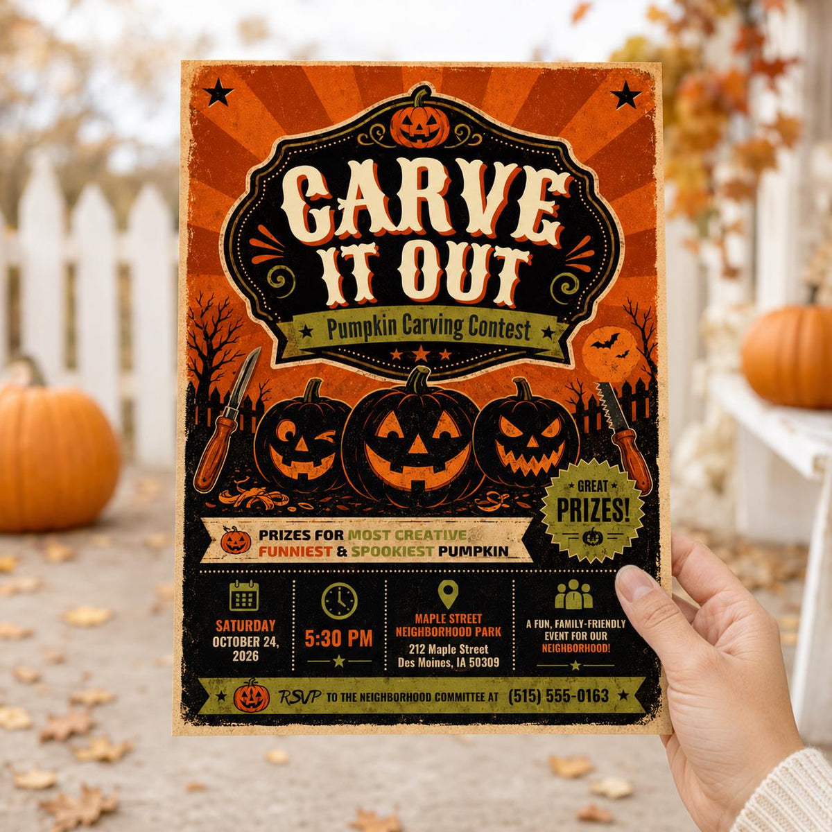 Vintage Pumpkin Carving Contest Flyer — print-ready Halloween party design from VoltBy