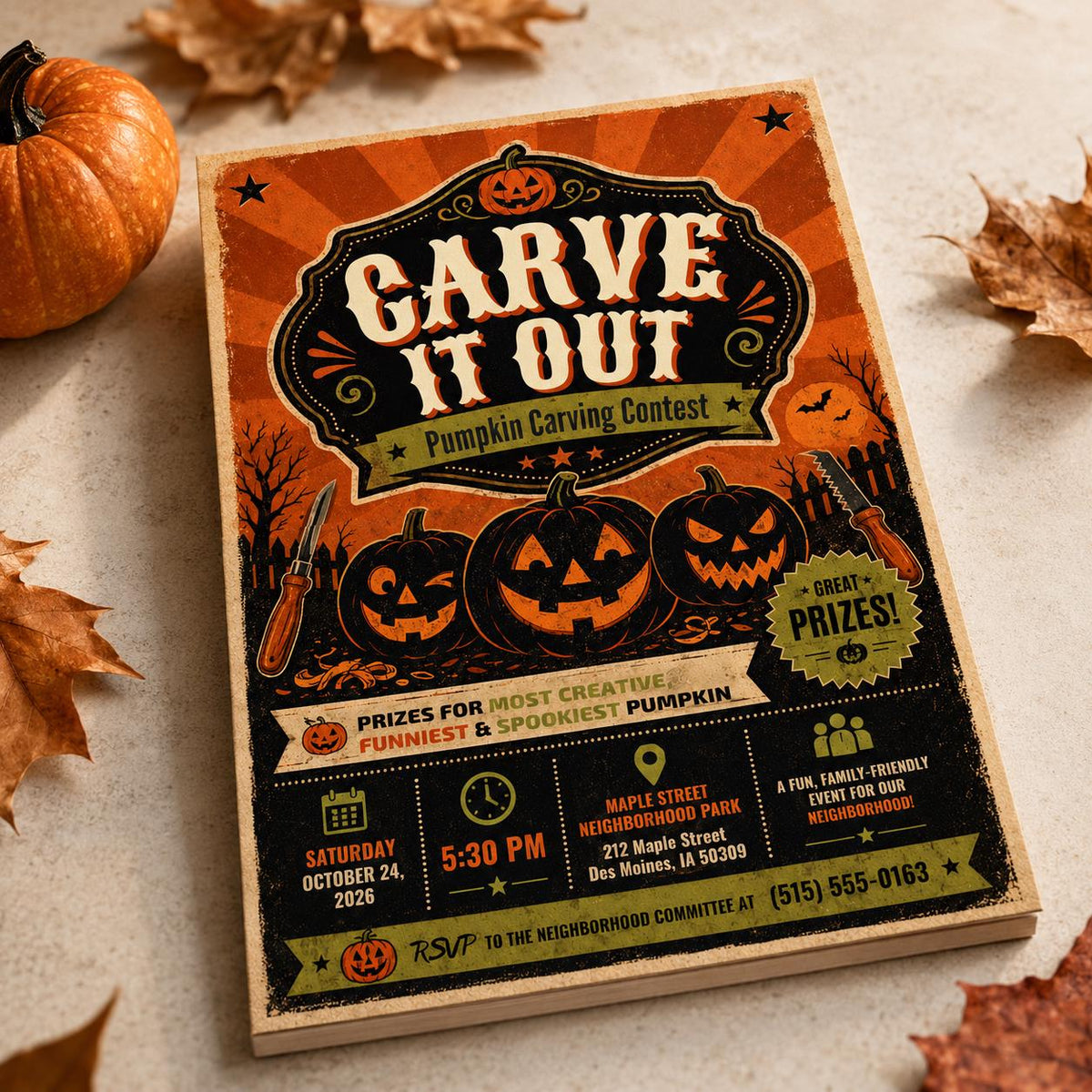 Vintage Pumpkin Carving Contest Flyer — Halloween party stationery by VoltBy