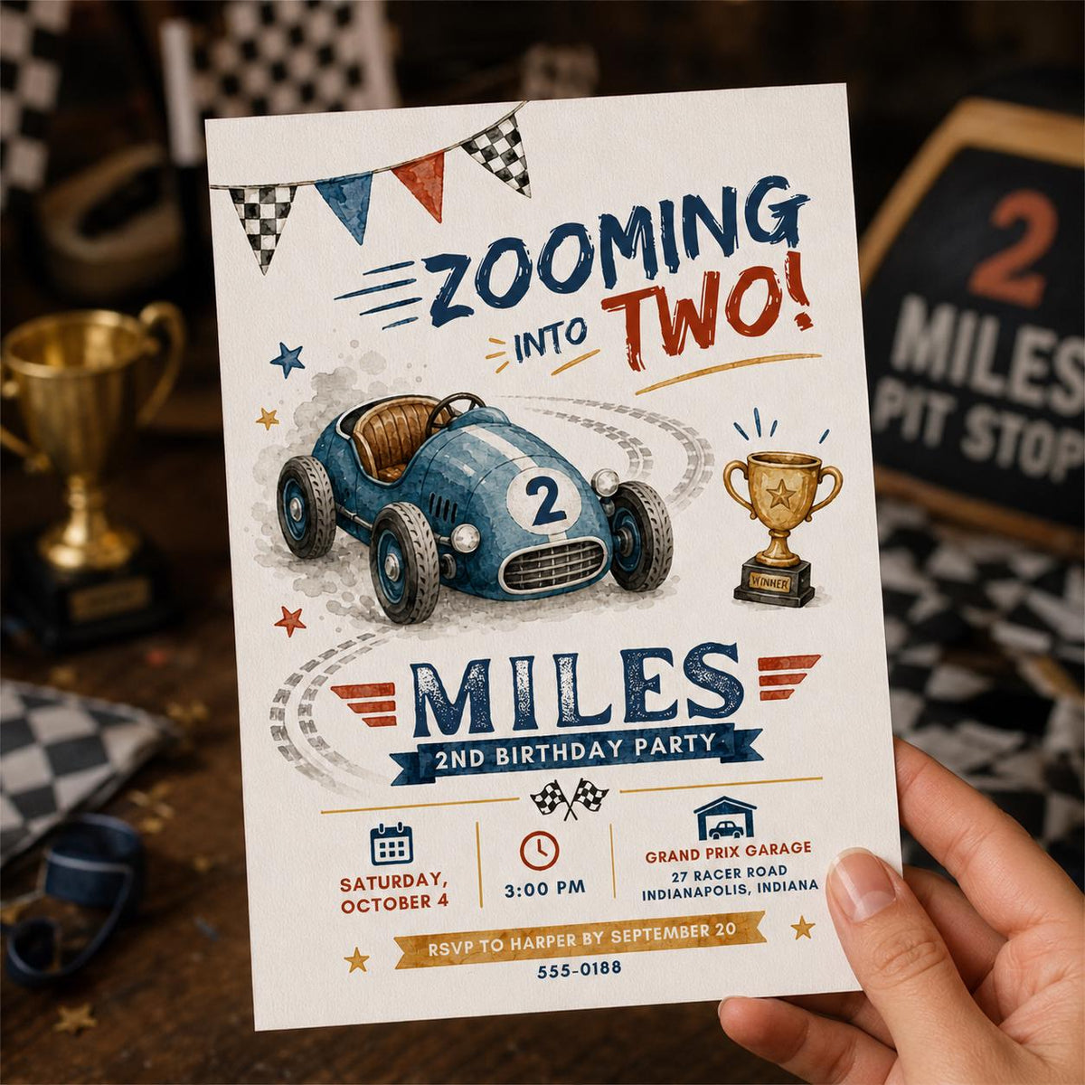 Vintage Race Car 2nd Birthday Invitation — print-ready 2nd birthday party design from VoltBy