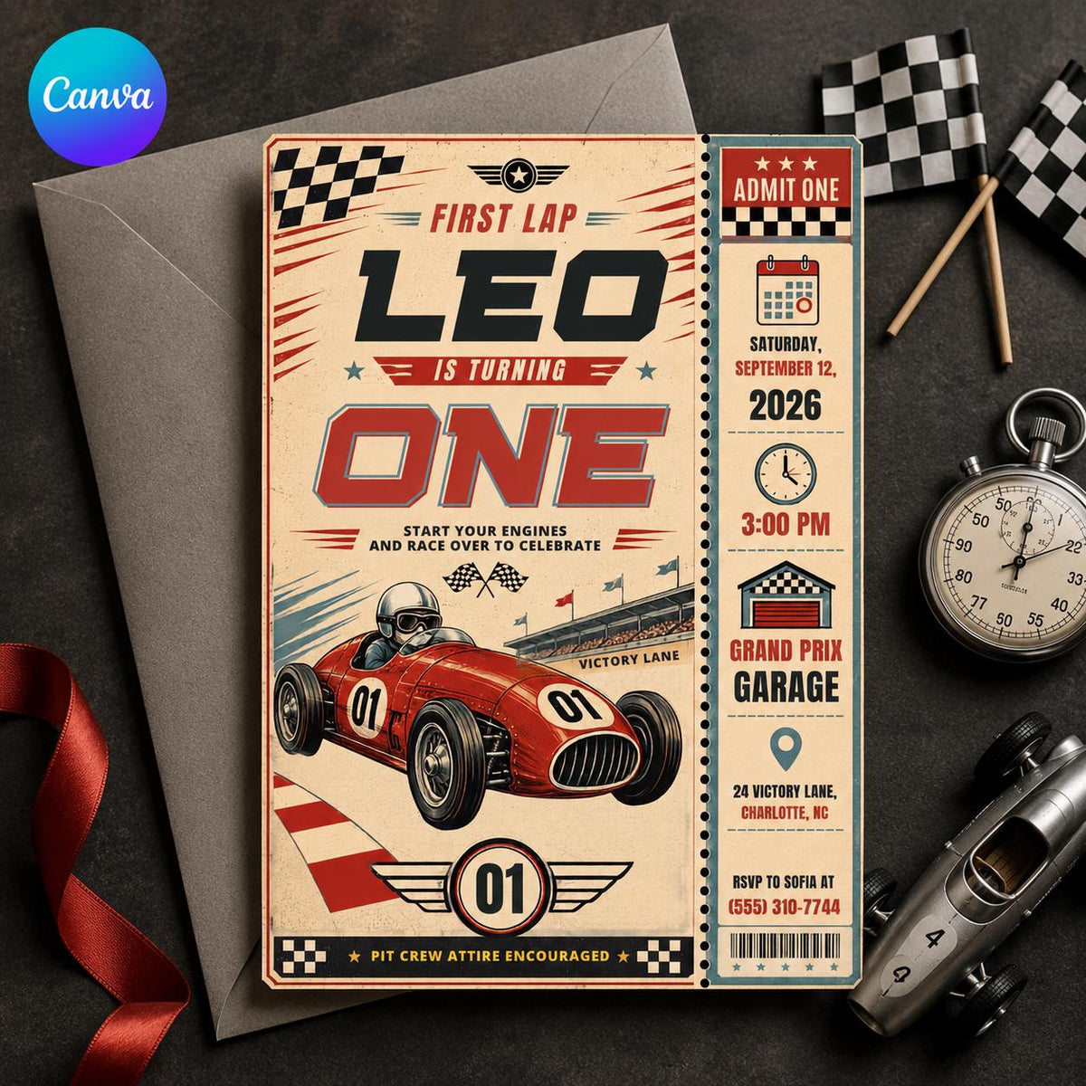 Vintage Race Car First Birthday Invitation for Boys — editable Canva template