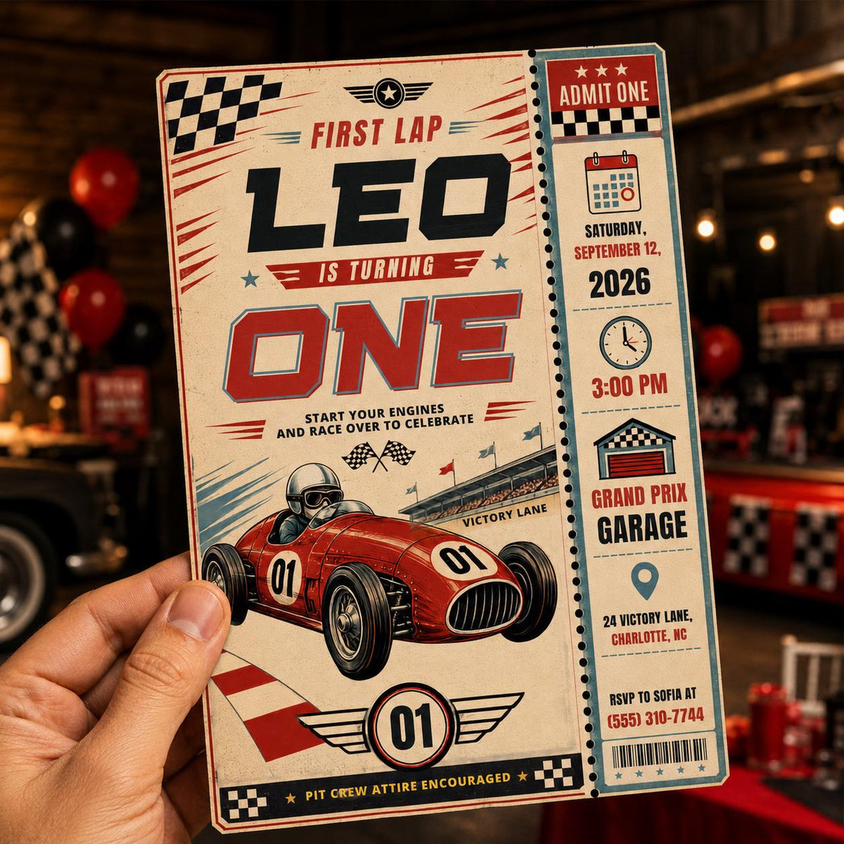 Vintage Race Car First Birthday Invitation for Boys — print-ready first birthday design from VoltBy