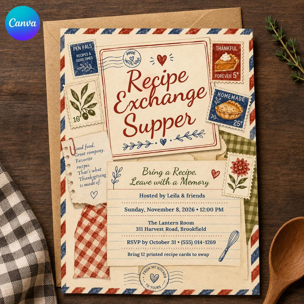 Vintage Recipe Exchange Invitation — editable Canva template