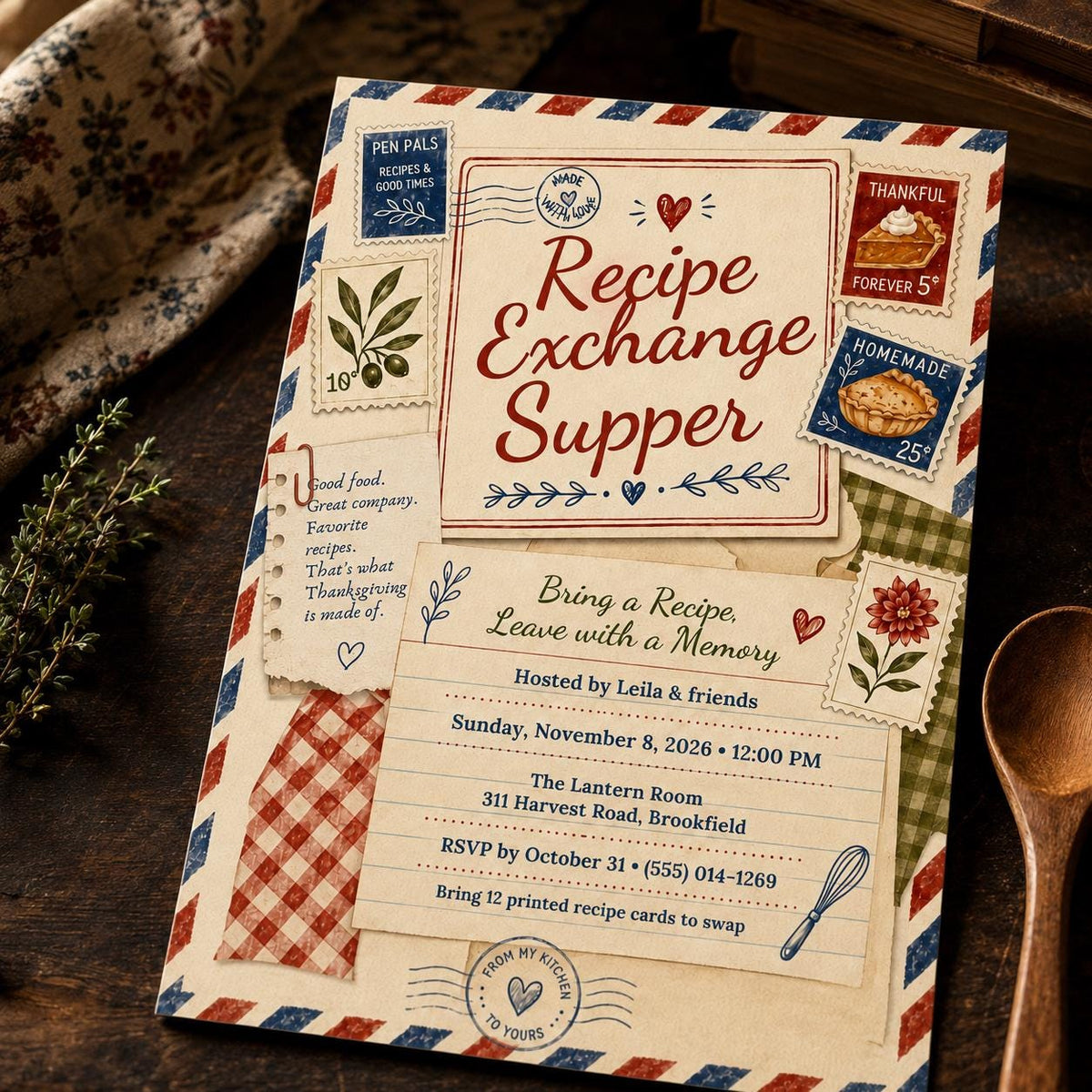 Vintage Recipe Exchange Invitation — print-ready Thanksgiving gathering design from VoltBy