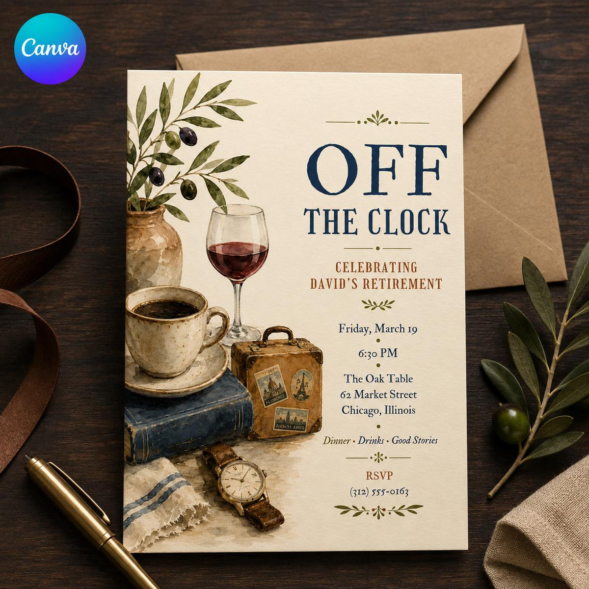 Vintage Retirement Party Invitation — editable Canva template