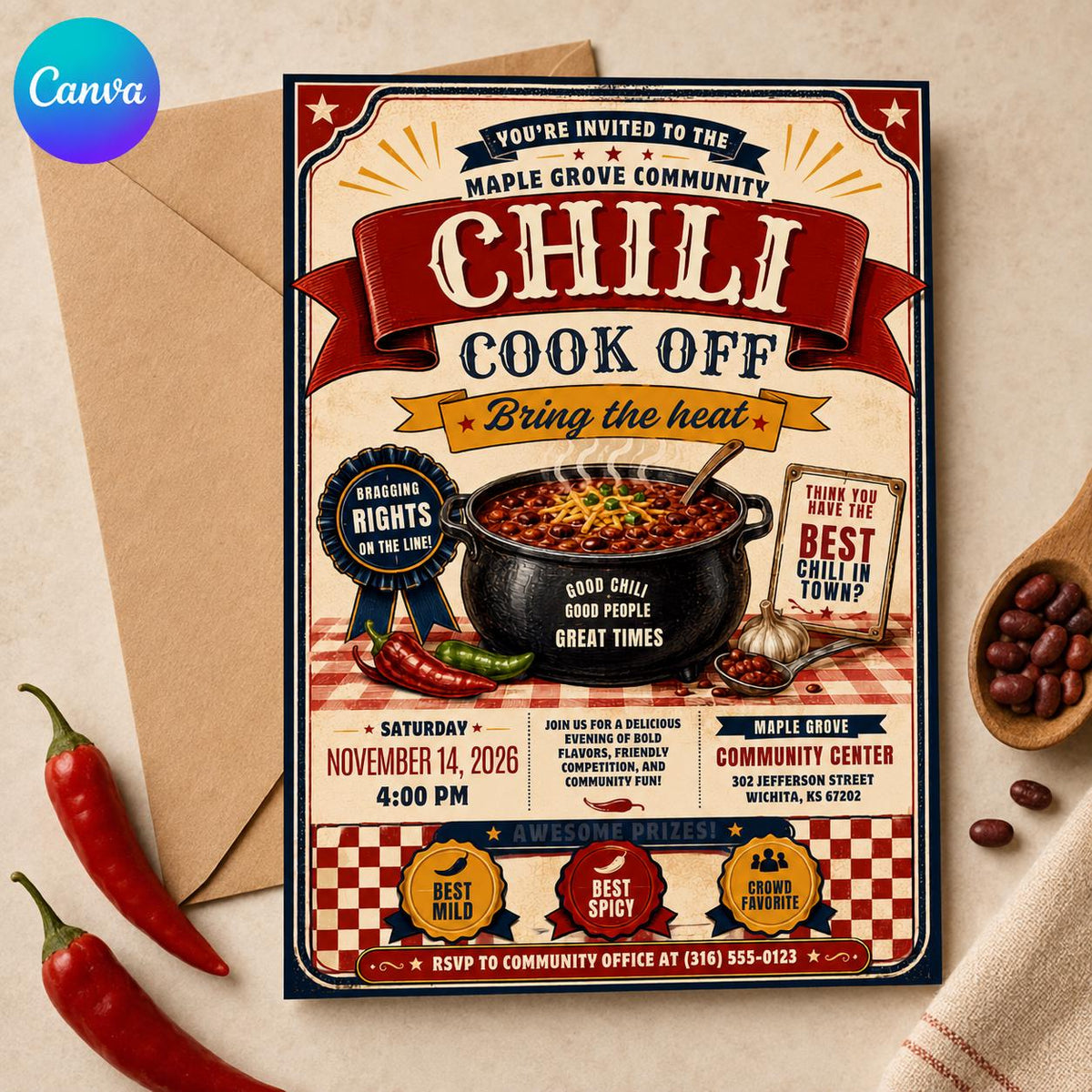 Vintage Rustic Chili Cook Off Invitation — editable Canva template