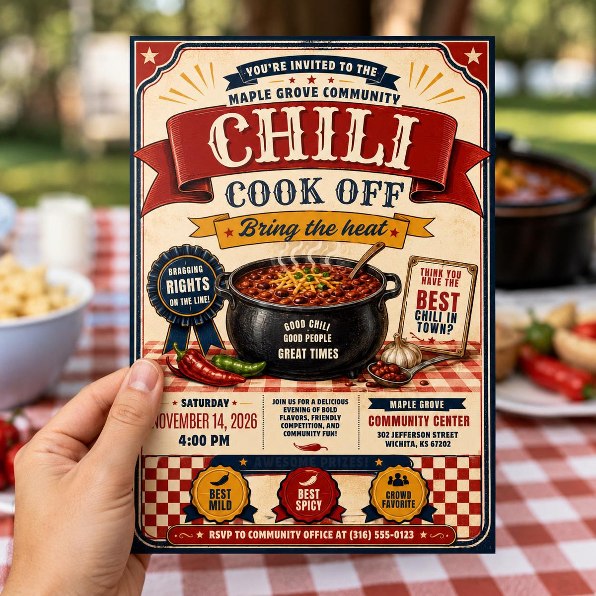 Vintage Rustic Chili Cook Off Invitation — print-ready chili cook off design from VoltBy
