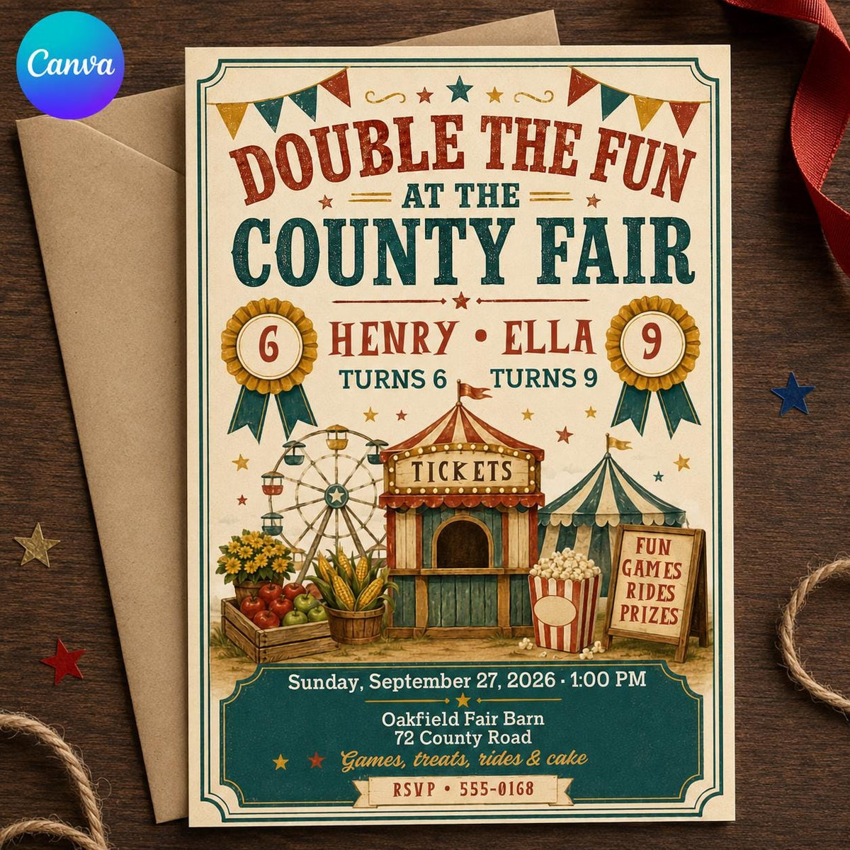 Vintage Rustic County Fair Birthday Invitation — editable Canva template